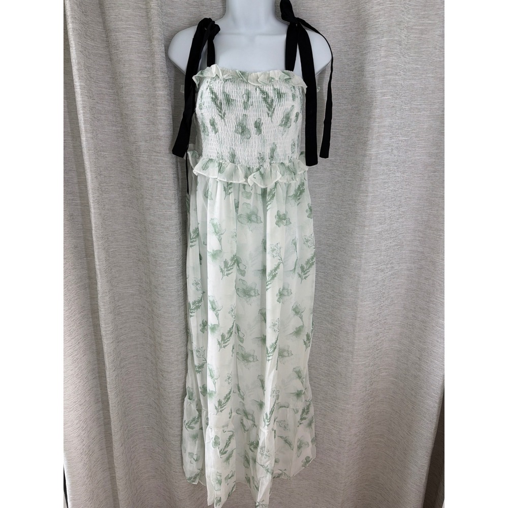 Free The Roses Green Floral Smocked Maxi Dress Black Tie Straps Medium NWT